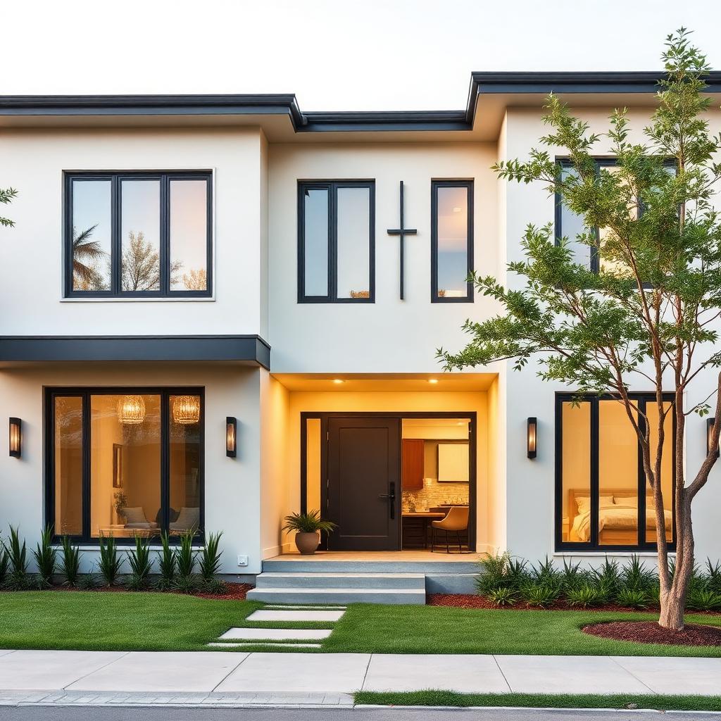 Modern luxury home exterior at golden hour